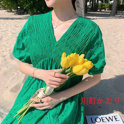 新品 春物コーデ ロングワンピース　半袖　グリーン　レディース　ドレス　パーティー 6枚目の画像
