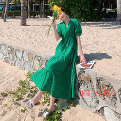 新品 春物コーデ ロングワンピース　半袖　グリーン　レディース　ドレス　パーティー 3枚目の画像