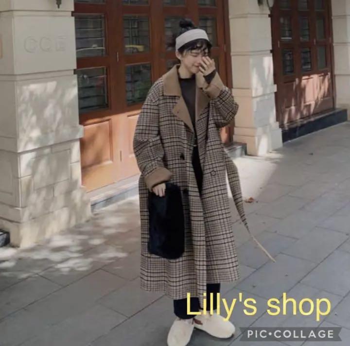 緑とベージュのチェックロングコート BROWN LILY