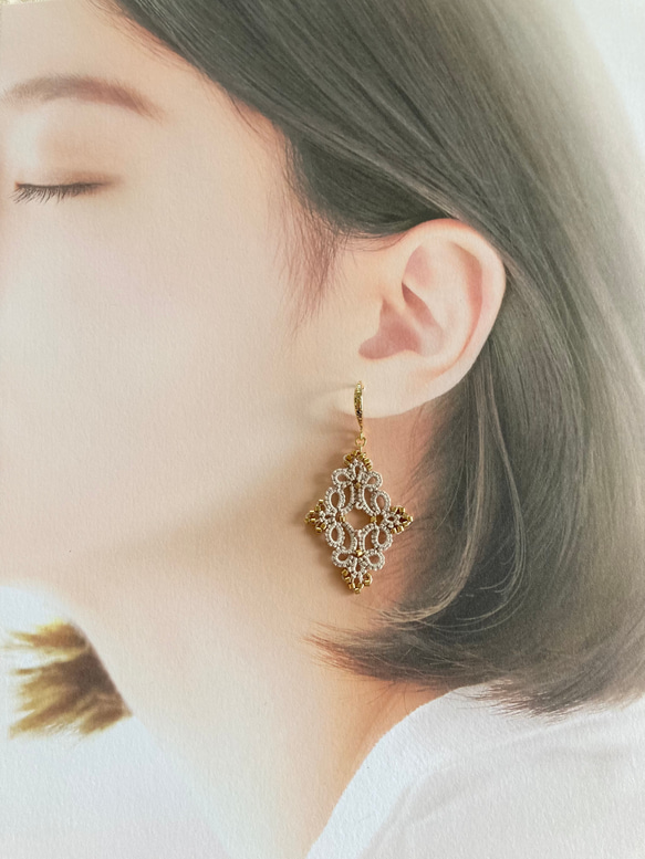 ♢♦タティングレースとビーズのダイヤ型ピアス♦♢ 7枚目の画像