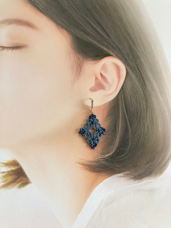 ♢♦タティングレースとビーズのダイヤ型ピアス♦♢ 10枚目の画像