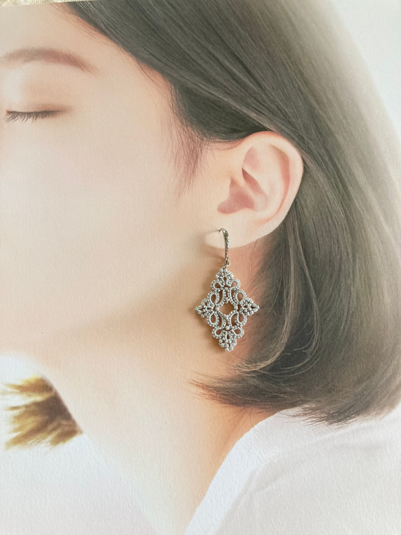 ♢♦タティングレースとビーズのダイヤ型ピアス♦♢ 8枚目の画像