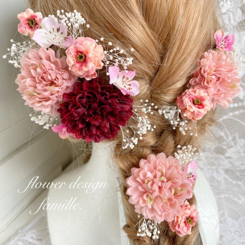 099.ピンク＆赤のくすみ系カラー編みおろしヘア用髪飾り・ラプンツェル