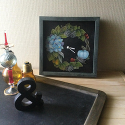 チョークアート　リースの時計　アジサイのリース 2枚目の画像