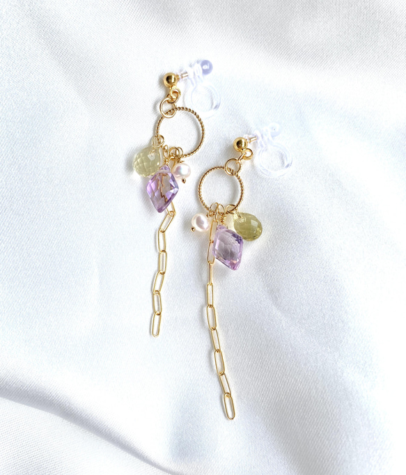 【14kgf】粉色紫水晶和檸檬石英耳環 第5張的照片