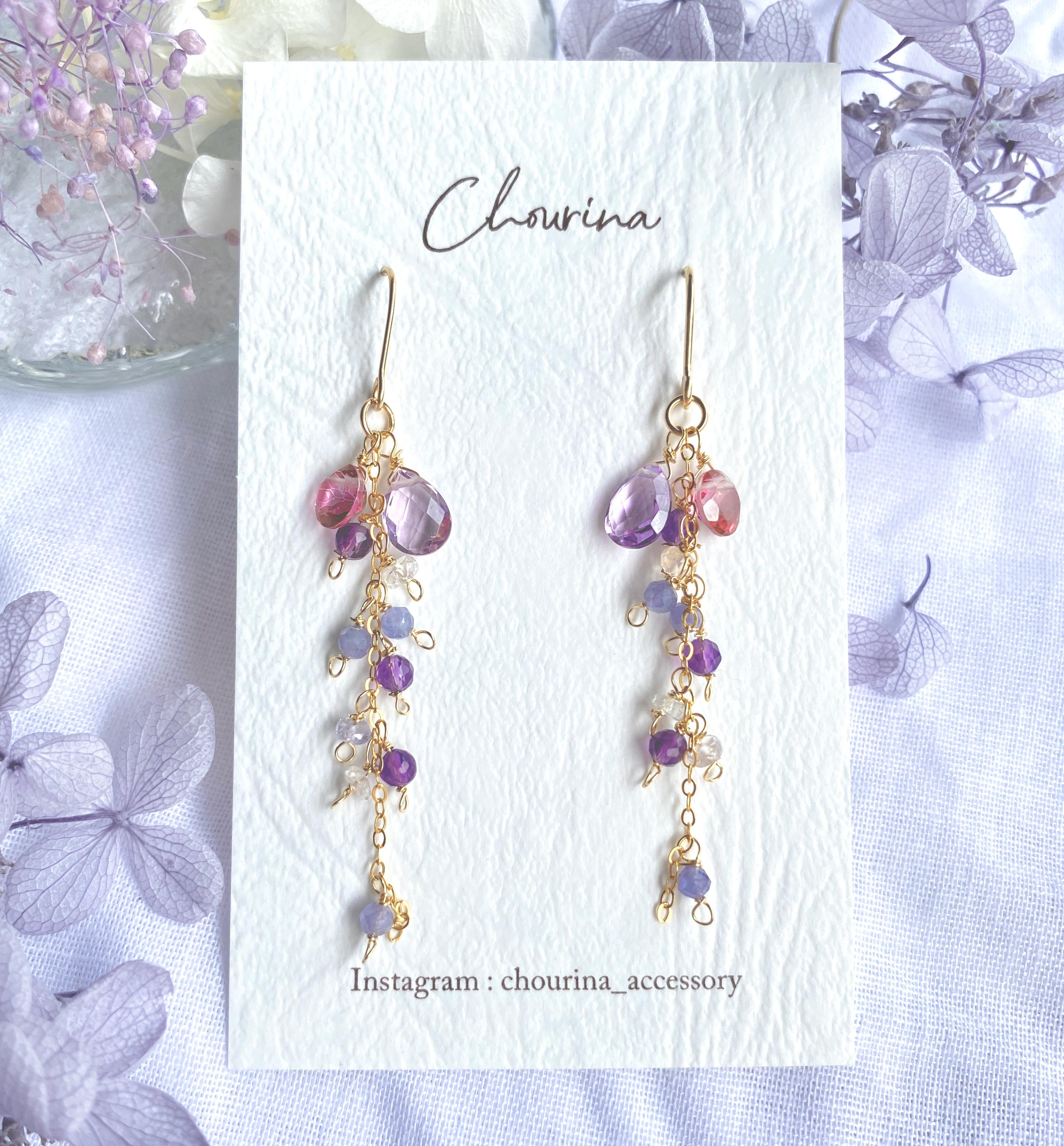 14kgf】藤の花アメジストイヤリング／ピアス イヤリング
