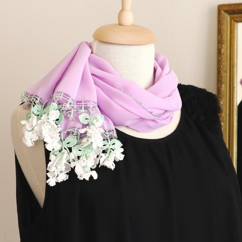 【再販】オヤレースの花付き シフォンストール「風の花」ラベンダー
