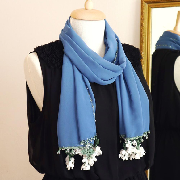 [Made to order] OYA crochet shawl [Flower of Wind] Blue 第5張的照片