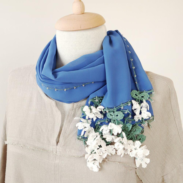 [Made to order] OYA crochet shawl [Flower of Wind] Blue 第6張的照片