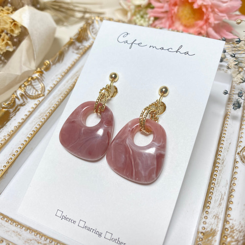 ハンドメイド＊イヤリング マーブル ピンク ピアス ノンホールピアス 