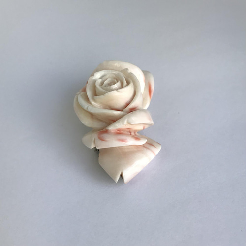 珊瑚彫刻の逸品・白薔薇のブローチ・立体的な彫り、ボリュウム