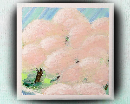 桜満開の森／アクリル画 キャンバス 原画 S0号 春到来 桜前線