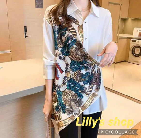 Lillys 夏物コーデ❤️シャツ レディース ブラウス スカーフ柄 ドレス 