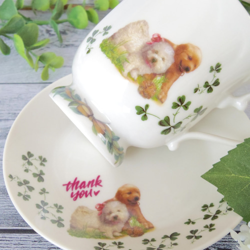 わんちゃん柄のマグカップ＆ミニプレート thank you メッセージ入り 犬