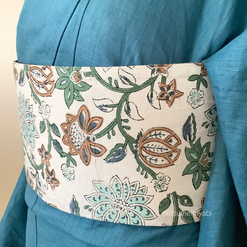 ◇バティック&インドファブリック半幅帯パッチワーク119 mint flower