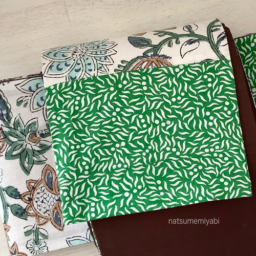 ◇バティック&インドファブリック半幅帯パッチワーク119 mint flower