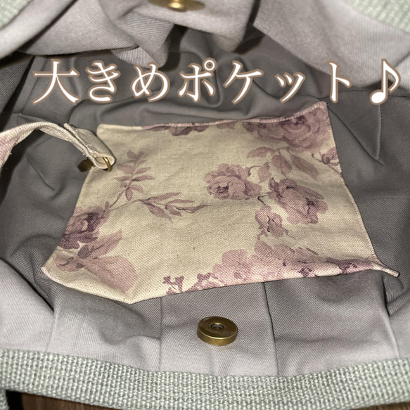 コロンと可愛いショルダーグラニーバッグ　YUWA 綿麻キャンバス　クラシカルローズ　ピンク　キナリ地 3枚目の画像