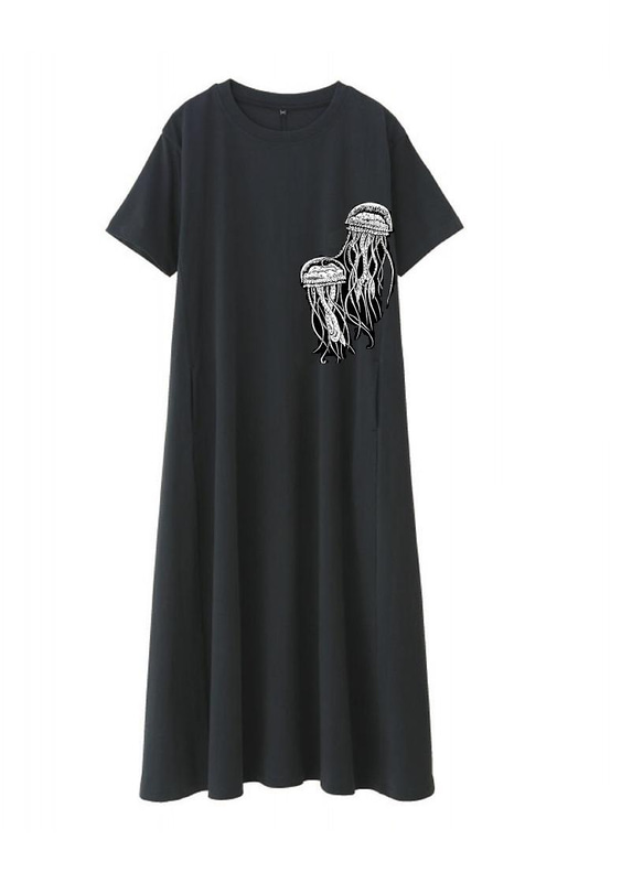 クラゲ柄レディースTシャツフレアワンピース【S～LL】綿100