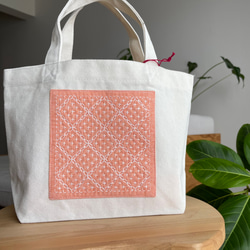 刺し子トートバッグS 斜め方眼/ブルー 刺繍 キャンバス ランチ お散歩