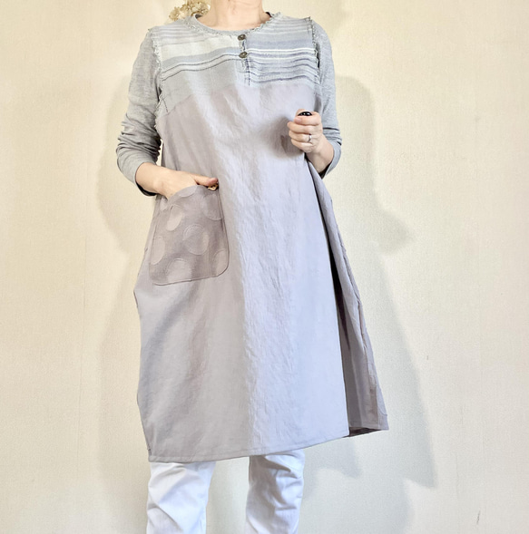 【再販】手織りとドット模様のバルーンジャンバースカート　くすみカラー　M～Lサイズ 5枚目の画像