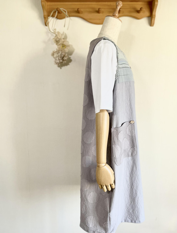 【再販】手織りとドット模様のバルーンジャンバースカート　くすみカラー　M～Lサイズ 10枚目の画像