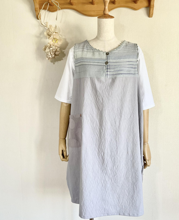 【再販】手織りとドット模様のバルーンジャンバースカート　くすみカラー　M～Lサイズ 6枚目の画像