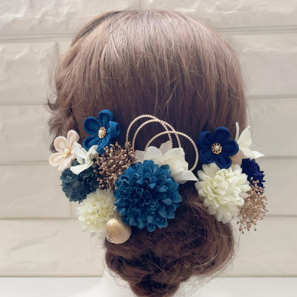 紺青*金 ピンポンマム❁ つまみ細工小花 ❁﻿成人式 振袖 髪飾り 8枚目の画像