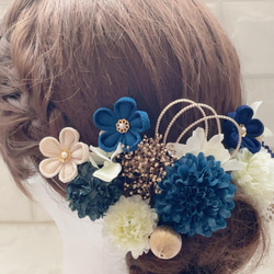 紺青*金 ピンポンマム❁ つまみ細工小花 ❁﻿成人式 振袖 髪飾り 4枚目の画像