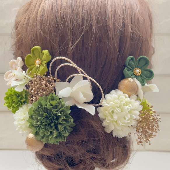 抹茶*金 ピンポンマム❁ つまみ細工小花 ❁﻿成人式 振袖 髪飾り 7枚目の画像
