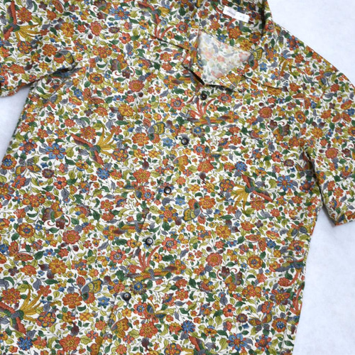 鳳凰、Lサイズ、着物リメイク、アロハシャツ、1点物作品、！ 着物リメイク アイボリーに花蝶鳳凰のアロハシャツ メンズL