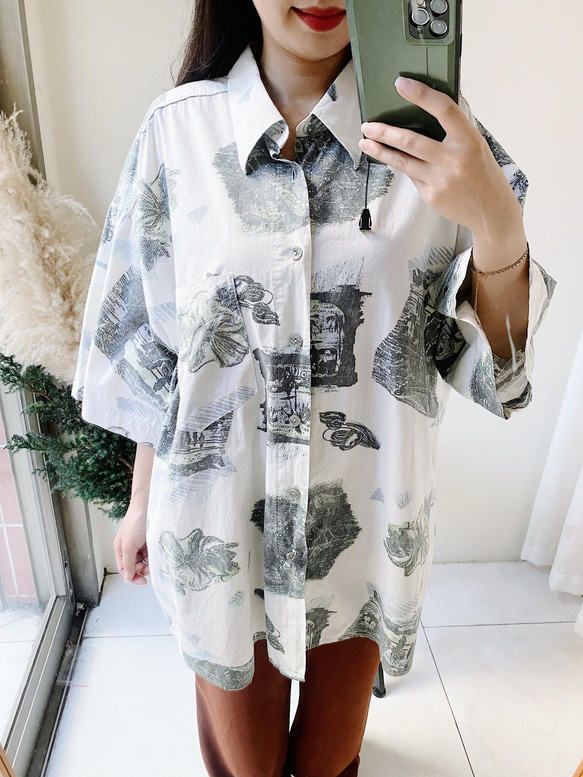 白色青春滿版圖騰 古著棉質夏威夷襯衫上衣vintage Aloha Shirt 第3張的照片