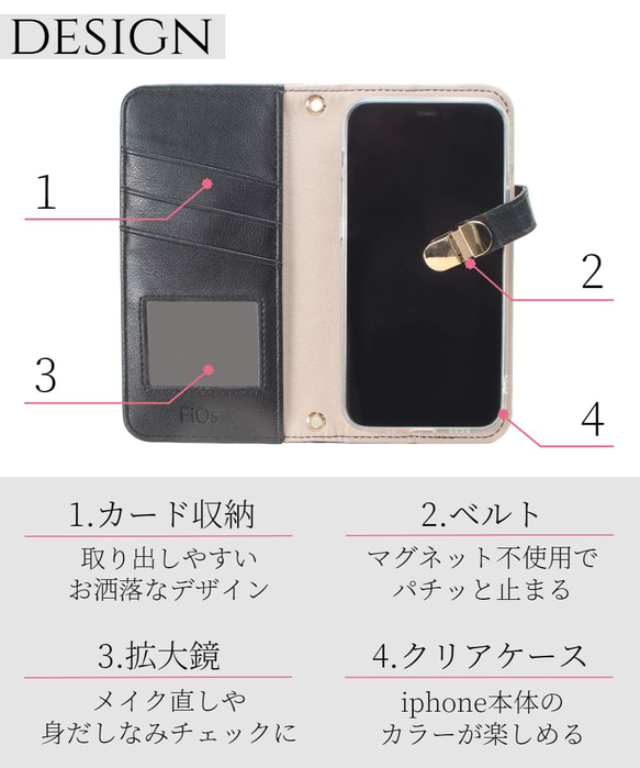 手帳型 スマホケース ミラー付き カード収納 iphone 14 pro 13 12 mini レザー シンプル グレー 15枚目の画像