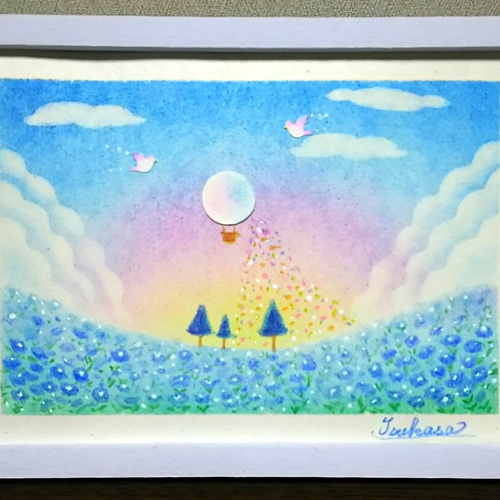 パステルアート 大空からネモフィラ畑への贈り物 パステル画原画 絵画