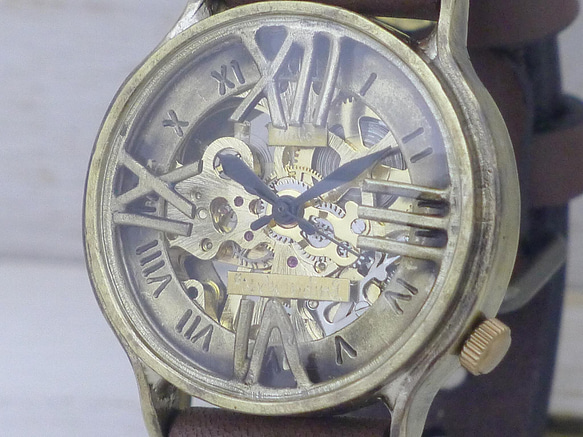 BHW121 手巻きBrass(真鍮)36mm ローマ数字フローティングインデックス 手作り腕時計 [BHW121] 3枚目の画像