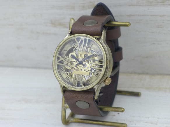 BHW121 手巻きBrass(真鍮)36mm ローマ数字フローティングインデックス 手作り腕時計 [BHW121] 2枚目の画像
