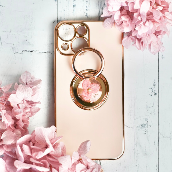 iphoneケース スマホケース リング付き 押し花 紫陽花 アジサイ　イニシャル　ピンク 2枚目の画像