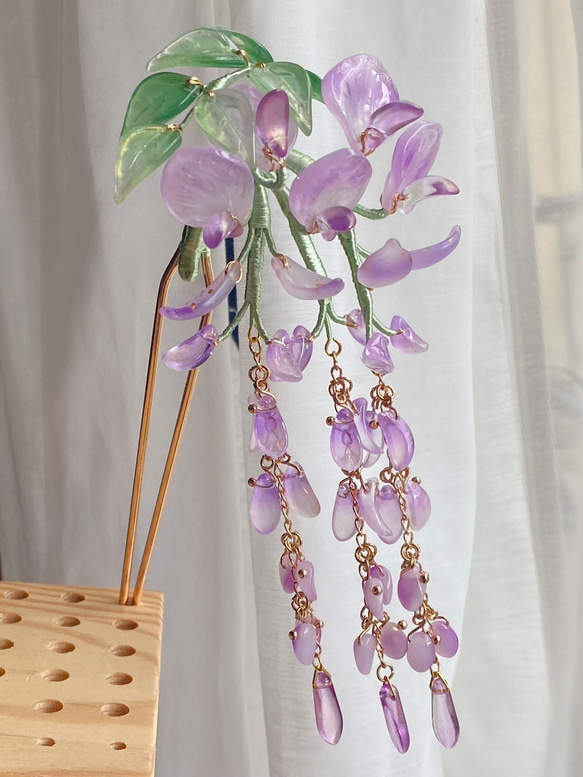 再販】藤の花のかんざし ゆらゆら二本挿しかんざし ガラス製 かんざし