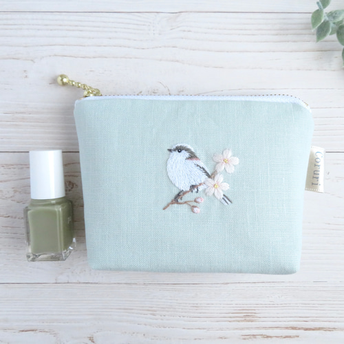 エナガと桜の刺繍リネンミニポーチ【ミント】 ポーチ Coruri