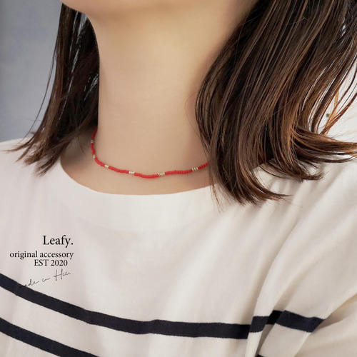 ワインレッドのビーズネックレス ビーズアクセサリー シルバー