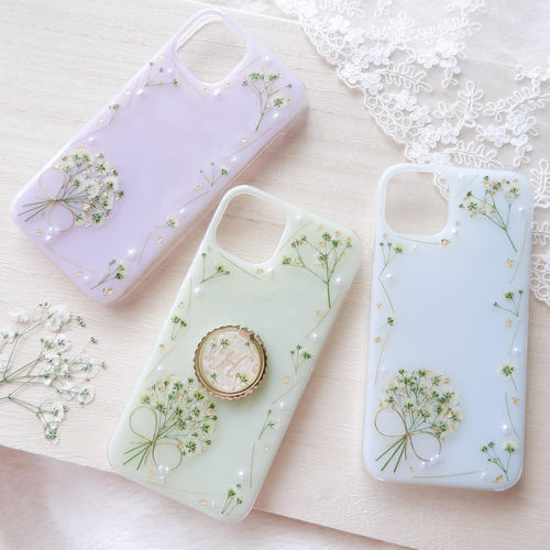 ぎっしりかすみ草のスマホリング　bluegraymix ぎっしりかすみ草のスマホリング bluegraymix