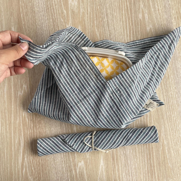 【オンライン限定】三河木綿のお弁当袋セット あずま袋と箸袋 水色系の縞 ネップ地 BNT226 6枚目の画像