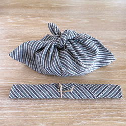 【オンライン限定】三河木綿のお弁当袋セット あずま袋と箸袋 水色系の縞 ネップ地 BNT226 1枚目の画像