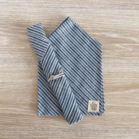 【オンライン限定】三河木綿のお弁当袋セット あずま袋と箸袋 水色系の縞 ネップ地 BNT226 3枚目の画像