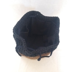 ブラック綿かぎ針編み巾着バッグ（内布付き） 3枚目の画像