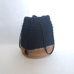 ブラック綿かぎ針編み巾着バッグ（内布付き） 1枚目の画像