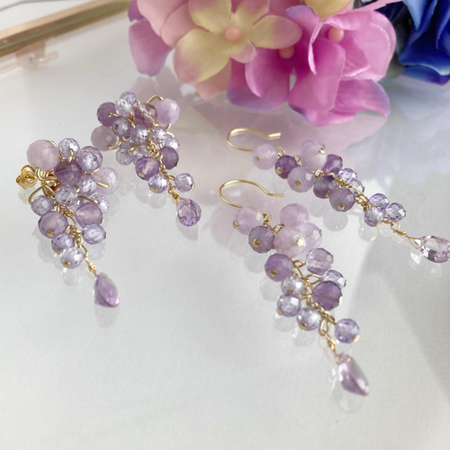 ゆれる> 藤の花×天然石 ピアス/イヤリング ピアス（フック・チェーン