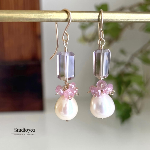 14kgfアメトリン・小さなピンクスピネル・淡水パールのピアス ピアス