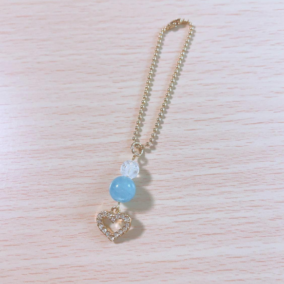 429 アクアマリン×Sカットクォーツ×オブシディアン　天然石　お守り ♡天然石お守りストラップ♡『アクアマリンときらきらハート