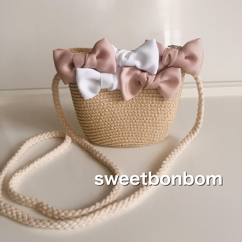 再販くすみピンク&ホワイトリボンのかごポシェット①プレゼントギフト  