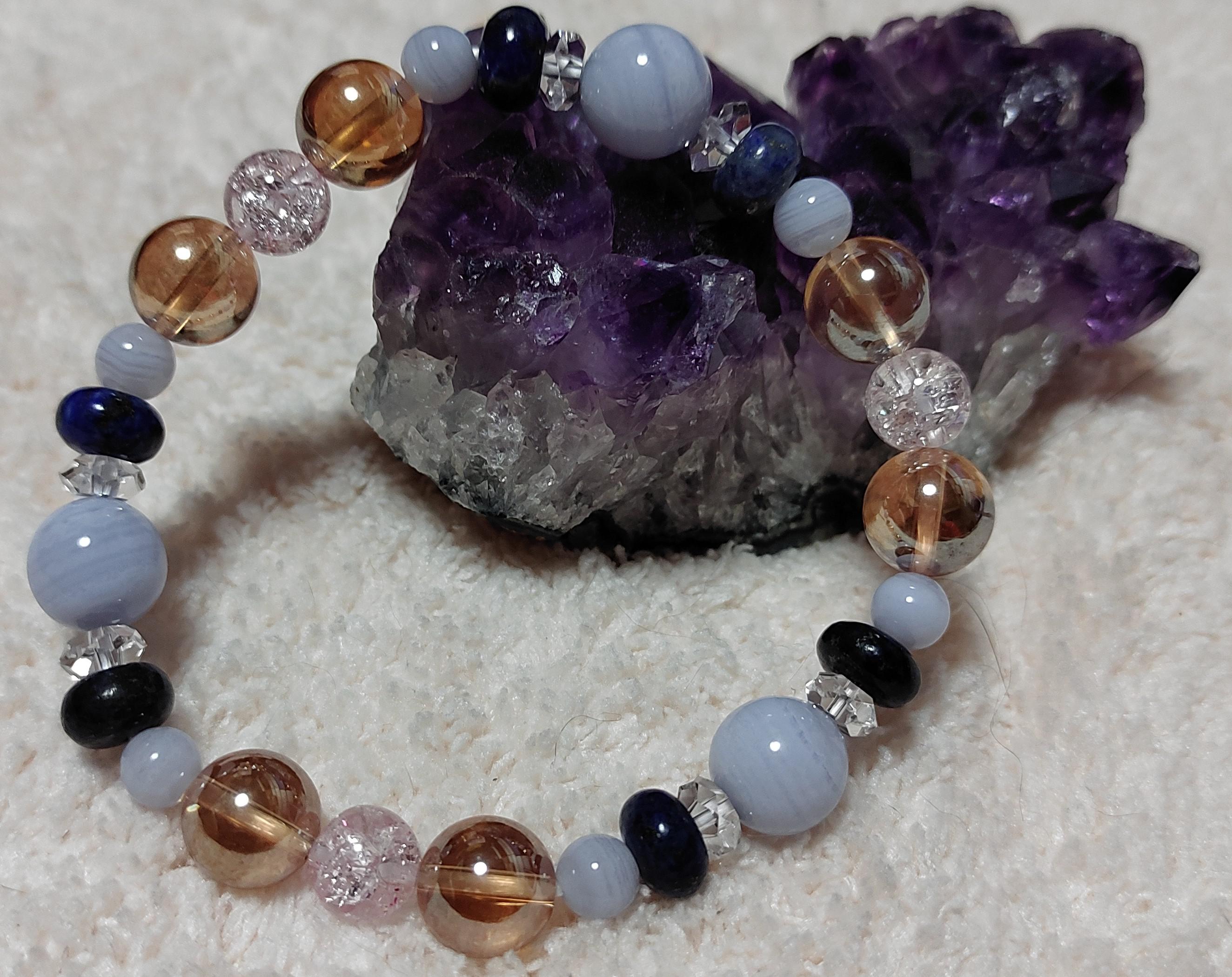 新作week2022　「ブルーアゲート」ブルーアゲート・ラピスラズリ・ピンククラッシュ水晶・ボタンカット水晶